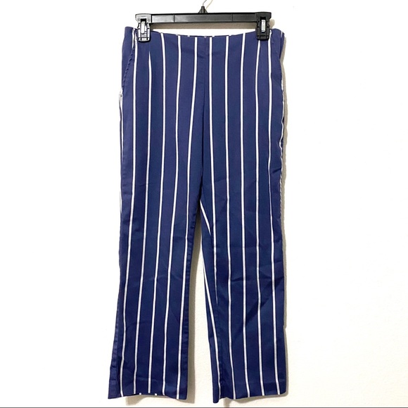 blue and white vertical striped pants
